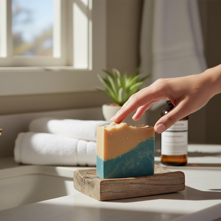 Luxury beach soap bar with layered colors on a wooden soap dish in a bright bathroom setting