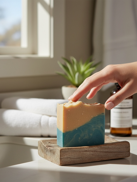 Luxury beach soap bar with layered colors on a wooden soap dish in a bright bathroom setting