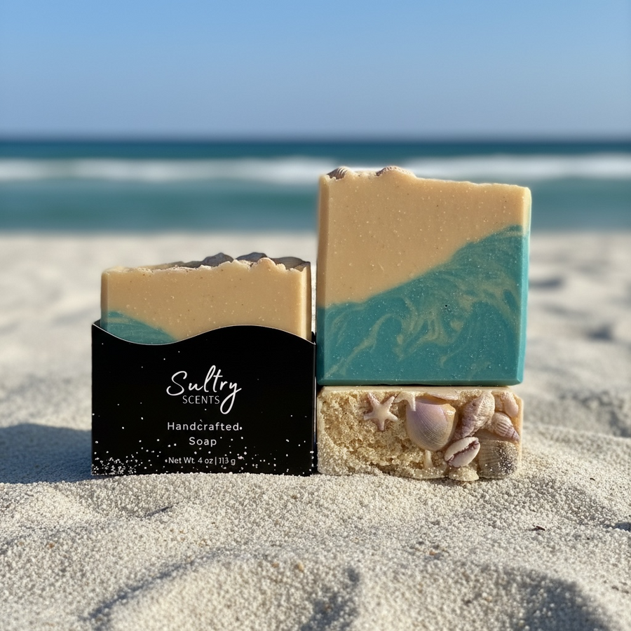 Luxury beach soap bar by Sultry Scents featuring ocean-inspired colors and natural textures
