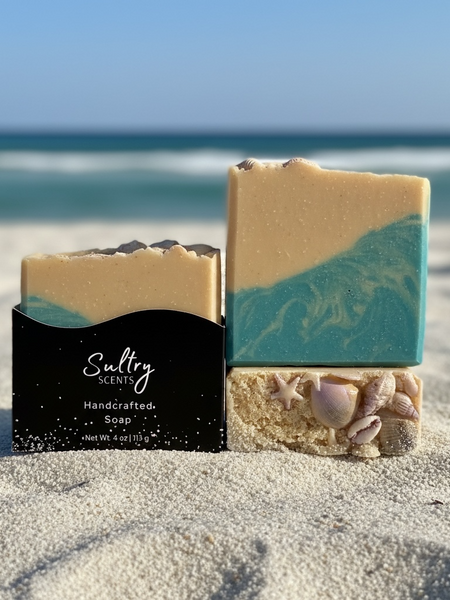Luxury beach soap bar by Sultry Scents featuring ocean-inspired colors and natural textures