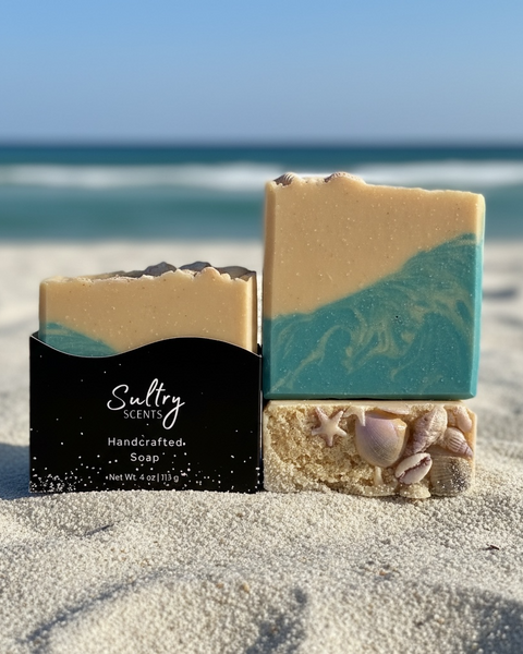 Luxury beach soap bar by Sultry Scents featuring ocean-inspired colors and natural textures