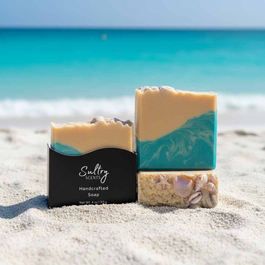 Luxury beach soap bar by Sultry Scents with ocean-inspired colors and natural shell accents located on a sand beach with turquoise water.