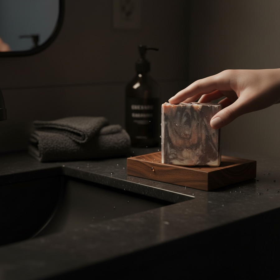 Hand holding Dark Rum inspired luxury soap on a wooden dish in modern bathroom setting