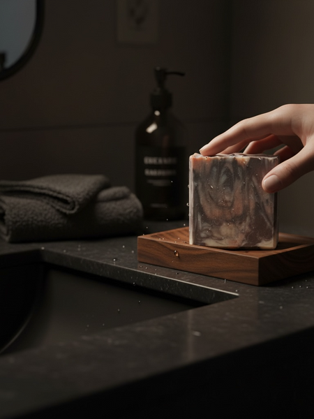Hand holding Dark Rum inspired luxury soap on a wooden dish in modern bathroom setting