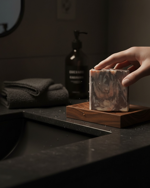 Hand holding Dark Rum inspired luxury soap on a wooden dish in modern bathroom setting