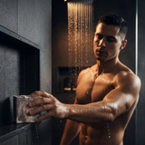 Sultry Scents Dark Rum inspired luxury soap in a man's hand during a refreshing shower