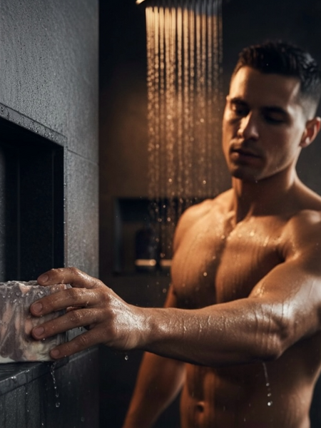 Sultry Scents Dark Rum inspired luxury soap in a man's hand during a refreshing shower