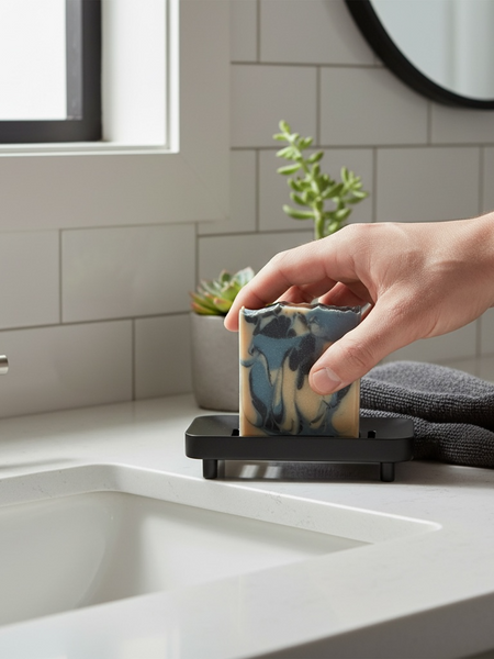 Mens soap inspired by YSL Myslf displayed on a modern bathroom sink with a hand holding it