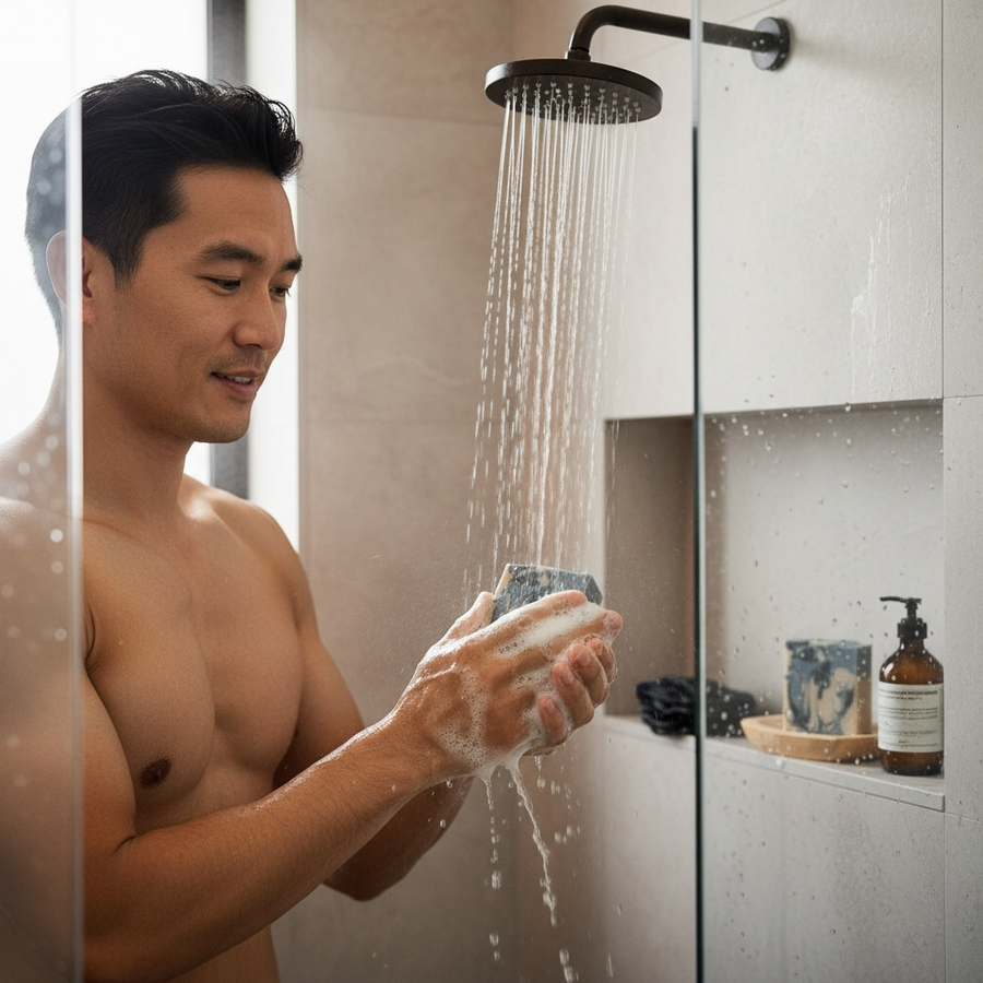 Man using Mens soap inspired by YSL Myslf in a modern shower with water cascading down
