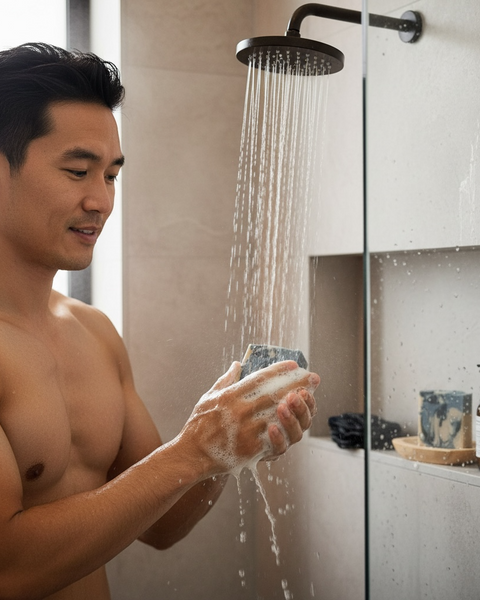 Man using Mens soap inspired by YSL Myslf in a modern shower with water cascading down