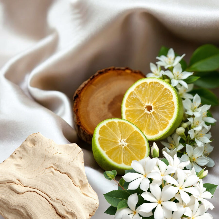 Missing Person inspired boujee butter cream by Sultry Scents with citrus fruit, white flowers, and wood slice on soft fabric