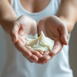 Hands holding a dollop of Missing Person inspired boujee butter cream by Sultry Scents in soft natural light
