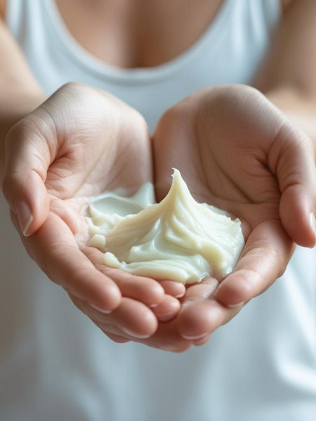Hands holding a dollop of Missing Person inspired boujee butter cream by Sultry Scents in soft natural light