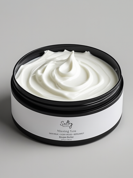 Missing Person inspired boujee butter cream by Sultry Scents in black jar with smooth whipped texture