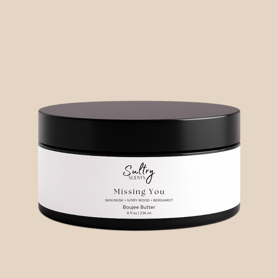Sultry Scents Missing Person inspired boujee butter cream in black jar with white label