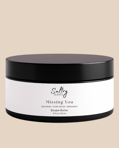Sultry Scents Missing Person inspired boujee butter cream in black jar with white label