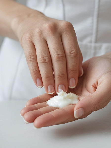 Applying Missing Person inspired lotion from Sultry Scents on hands with smooth white cream texture
