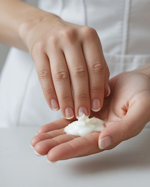 Applying Missing Person inspired lotion from Sultry Scents on hands with smooth white cream texture