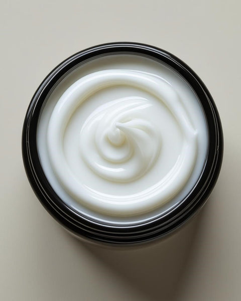 Open jar of white creamy Missing Person inspired lotion by Sultry Scents on beige background