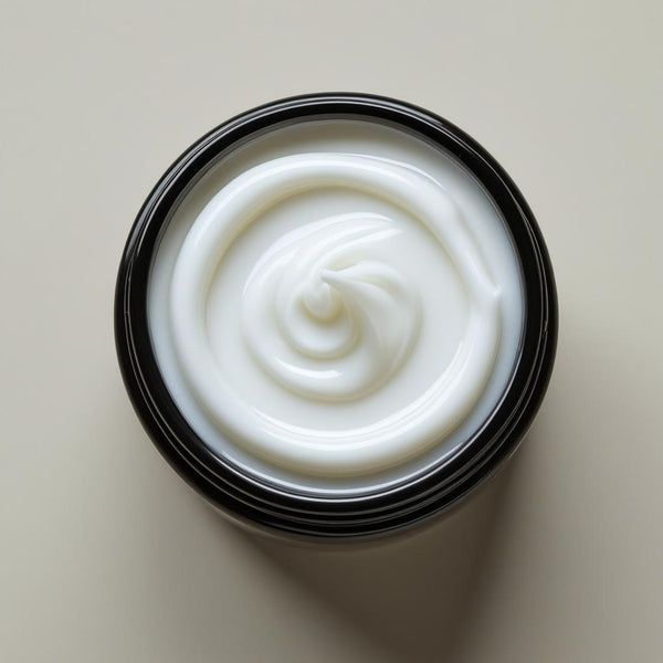 Open jar of white creamy Missing Person inspired lotion by Sultry Scents on beige background