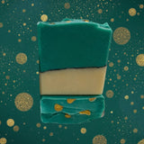Missing Person inspired luxury handcrafted soap with teal and gold accents for a unique bathing experience