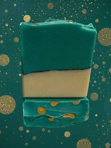 Missing Person inspired luxury handcrafted soap with teal and gold accents for a unique bathing experience