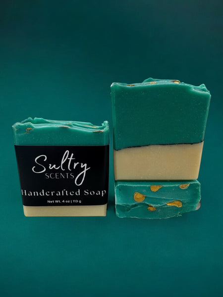 Missing Person inspired luxury handcrafted soap by Sultry Scents with a unique green and gold design