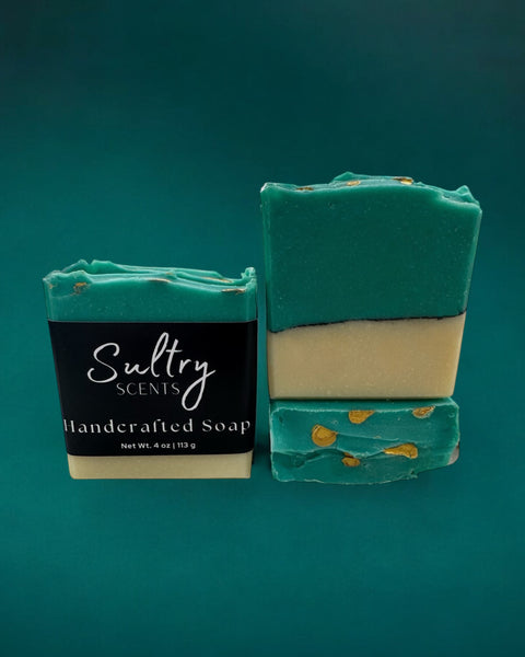 Missing Person inspired luxury handcrafted soap by Sultry Scents with a unique green and gold design