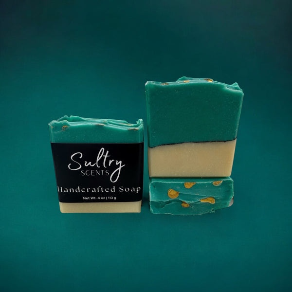 Missing Person inspired luxury handcrafted soap by Sultry Scents with a unique green and gold design