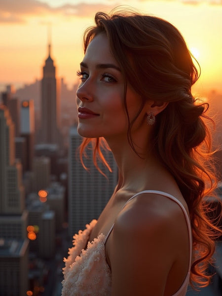 Woman with long hair at sunset overlooking city skyline using Wood Sage & Sea Salt dupe body spray