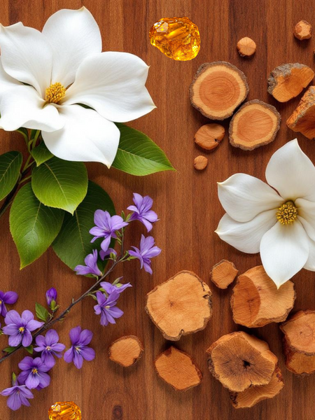 Mojave Ghost dupe roll on perfume with white magnolia flowers purple blossoms amber and wood pieces on wooden background