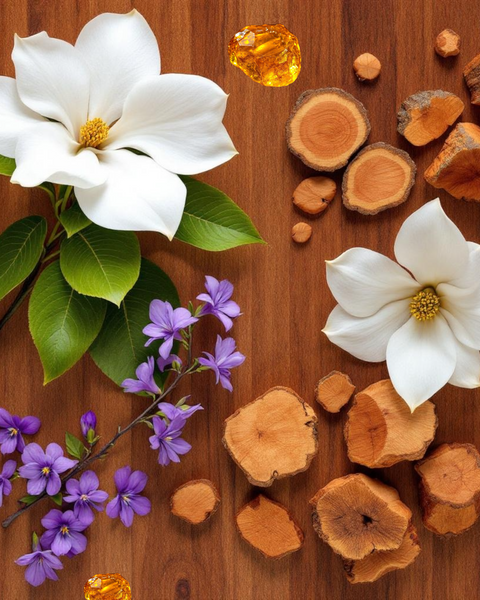 Mojave Ghost dupe roll on perfume with white magnolia flowers purple blossoms amber and wood pieces on wooden background