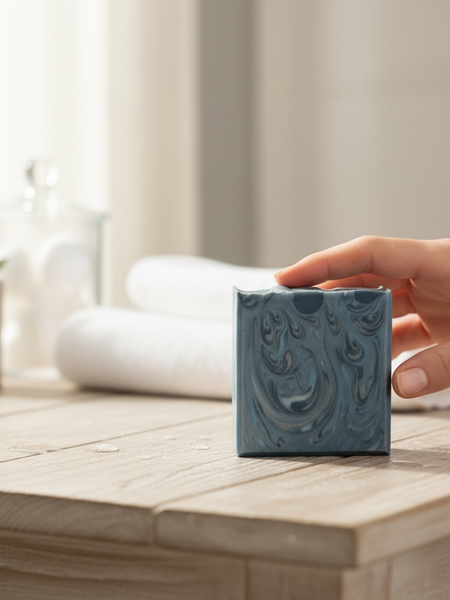 Mont Blanc Legend Inspired Soap in a blue swirl design placed on a wooden table with towels and decor