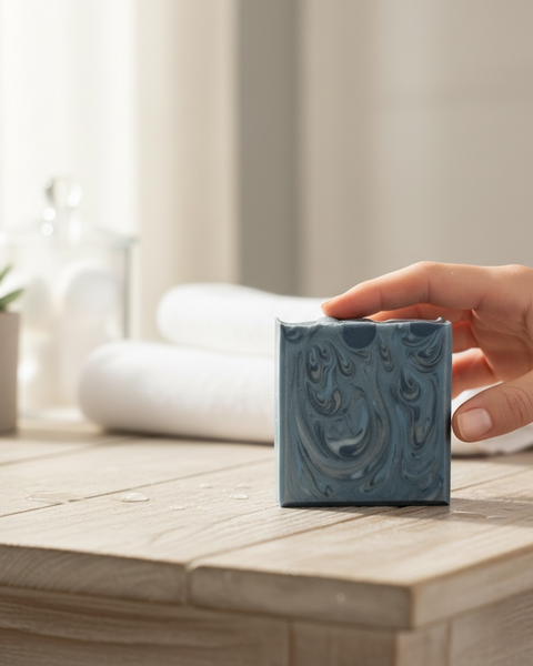 Mont Blanc Legend Inspired Soap in a blue swirl design placed on a wooden table with towels and decor