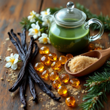 Sultry Scents Narcotica Happy Dust dupe with vanilla pods, amber beads, brown sugar, and matcha tea in glass teapot