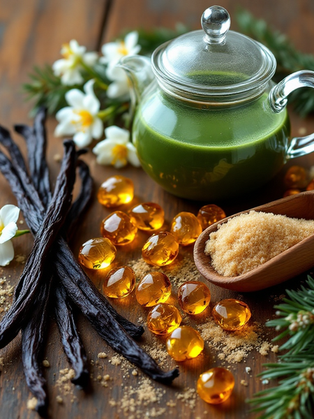 Sultry Scents Narcotica Happy Dust dupe with vanilla pods, amber beads, brown sugar, and matcha tea in glass teapot