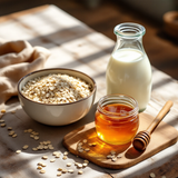 Natural Colloidal Oats goat milk Manuka honey soap ingredients displayed with oats, milk, and honey