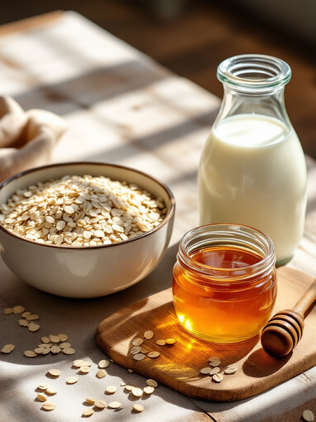 Natural Colloidal Oats goat milk Manuka honey soap ingredients displayed with oats, milk, and honey