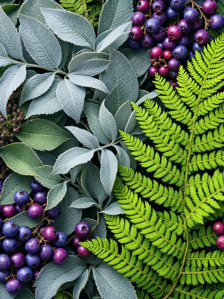Close-up of vibrant green fern and silver leaves with clusters of purple and red berries for Huckleberry body spray