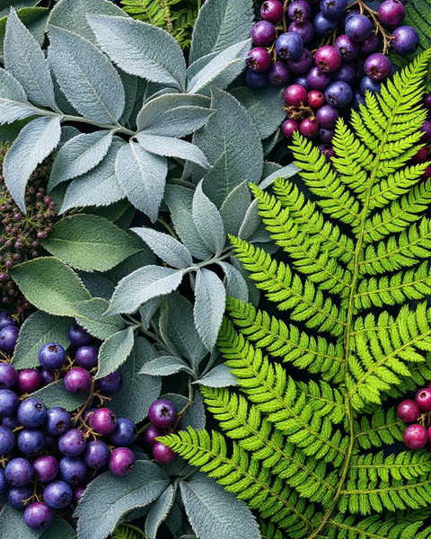 Close-up of vibrant green fern and silver leaves with clusters of purple and red berries for Huckleberry body spray