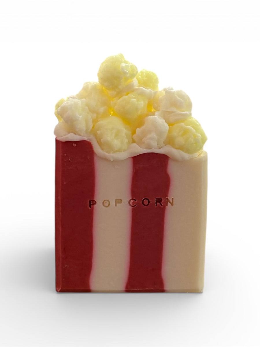 Novelty Popcorn Soap Bar designed to resemble a popcorn box with realistic popcorn topping