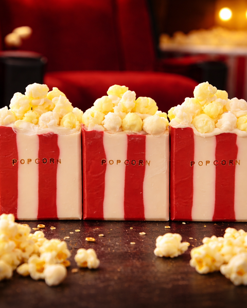 Novelty Popcorn Soap Bar designed to resemble a popcorn bucket with fluffy soap topping