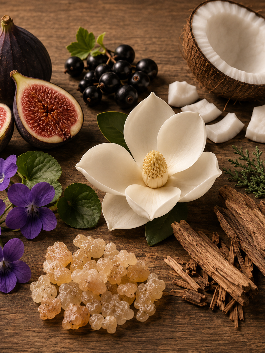 Olibanum inspired scent notes, including figs, flowers, wood, coconut and frankincense on wooden background