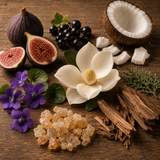 Olibanum inspired scent notes, including figs, flowers, wood, coconut and frankincense on wooden background