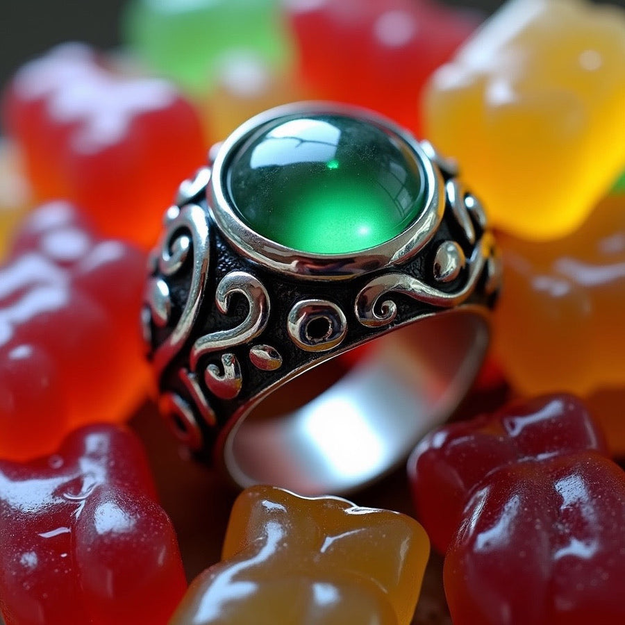 Phlur mood ring dupe roll on fragrance inspired green mood ring surrounded by colorful gummy bears