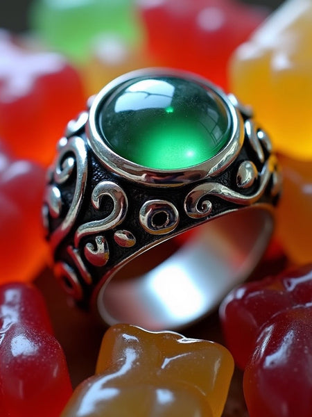 Phlur mood ring dupe roll on fragrance inspired green mood ring surrounded by colorful gummy bears