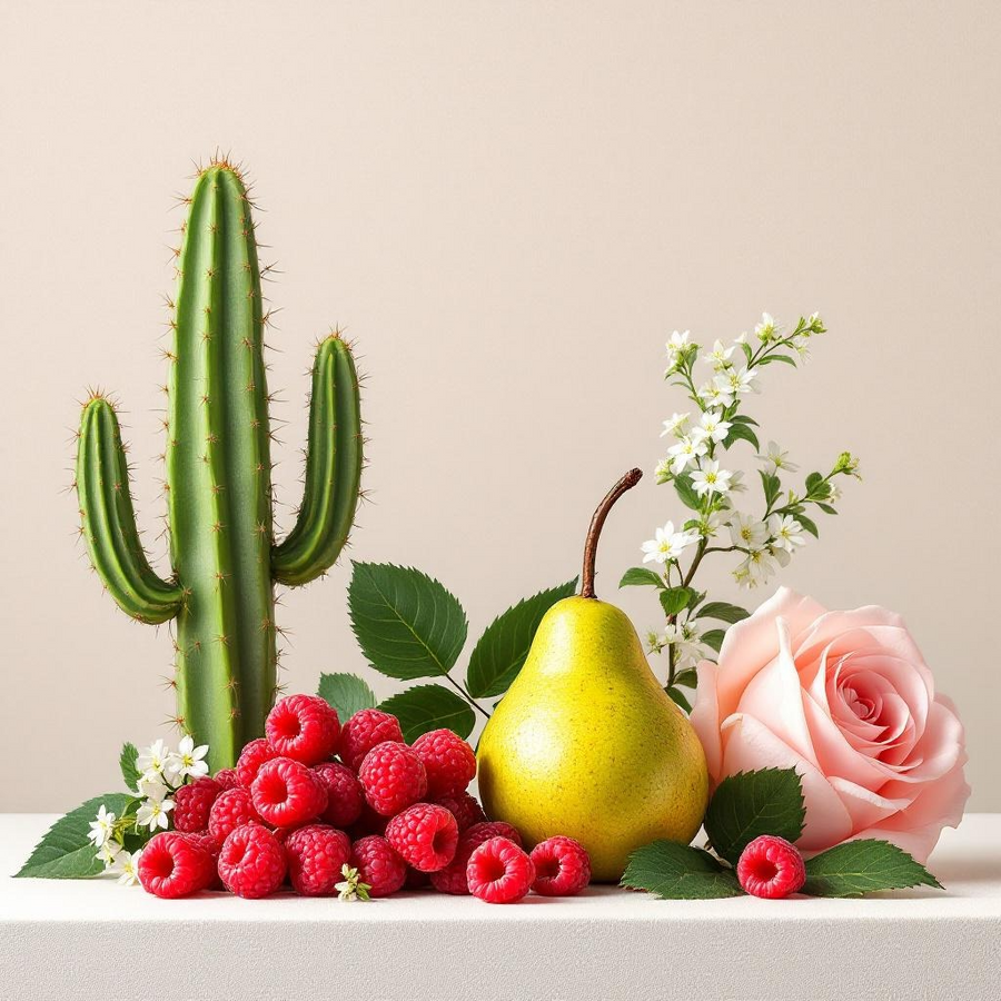 Pear Jam inspired handcrafted soap with fresh pear, raspberries, rose, and cactus on a beige background