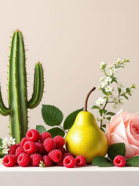 Pear Jam inspired handcrafted soap with fresh pear, raspberries, rose, and cactus on a beige background