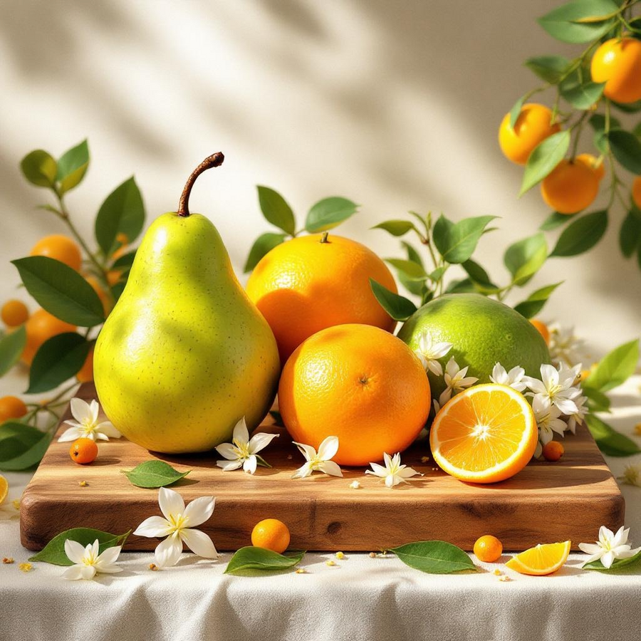 Perfume inspired by Prada Paradoxe citrus pear still life with oranges lime pear and white blossoms on wooden board