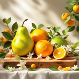 Perfume inspired by Prada Paradoxe citrus pear still life with oranges lime pear and white blossoms on wooden board